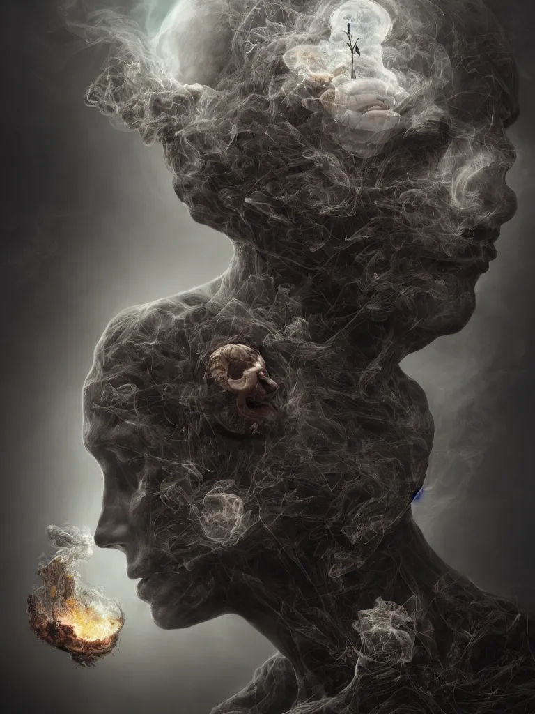 Prompt: my head is a smoke sphere. artwork, surrealist, metaphysical, metaphorical, symbolic art by cameron gray and greg rutkowski, trending on artstation, rendered in unreal engine, cgsociety, 8 k, sharp details, uhd