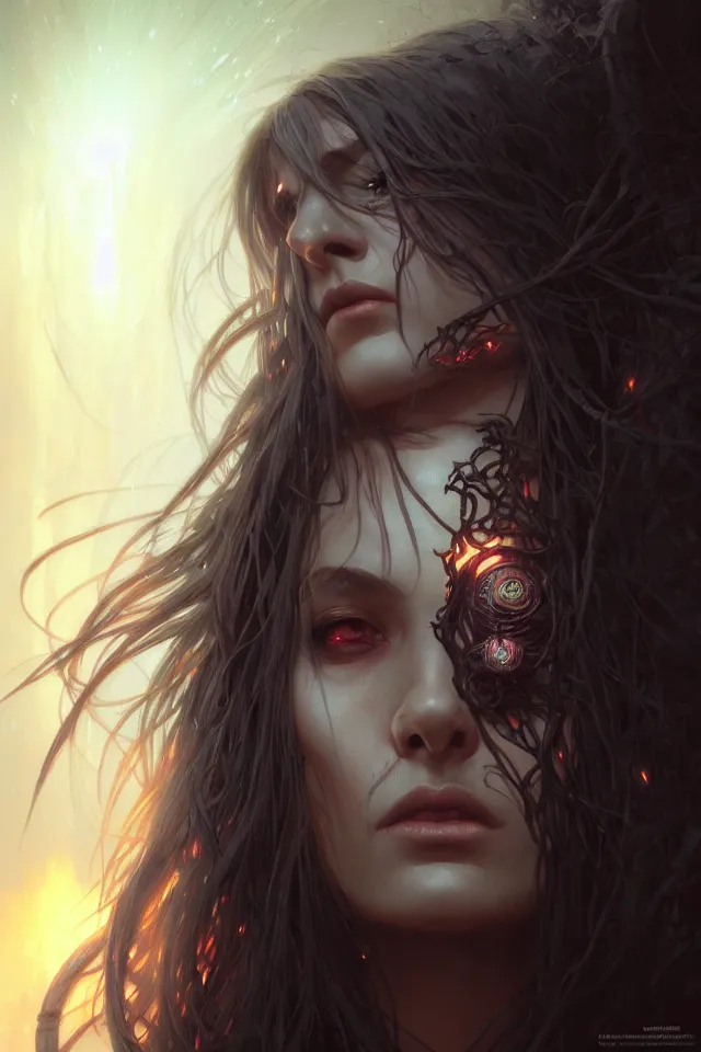 Image similar to Necromancer Sorceress face close-up macro in center, fantasy magic, undercut hairstyle, dark light night, intricate, elegant, sharp focus, illustration, highly detailed, digital painting, concept art, matte, art by WLOP and Artgerm and Greg Rutkowski and Alphonse Mucha, masterpiece