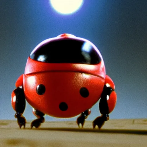 Image similar to film still, baby evil ladybugs, ladybug quadruped with big rgb eyes, huge ladybug mothership, epic road - trip, dramatic lighting, ( e. t. the extra - terrestrial ), batteries not included, harry potter, imax, 7 0 mm.