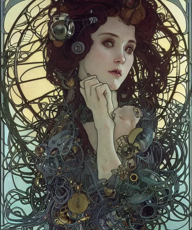 Prompt: realistic detailed portrait of a humanoid mecha cyberpunk! goddess by Alphonse Mucha and Charlie Bowater and art germ, rule of thirds, golden ratio, Art Nouveau! cyberpunk! style, mechanical accents!, mecha plate armor, glowing LEDs, flowing wires with leaves, art nouveau accents, art nouveau patterns and geometry, rich deep moody colors, portrait style with the subject in the middle of the frame