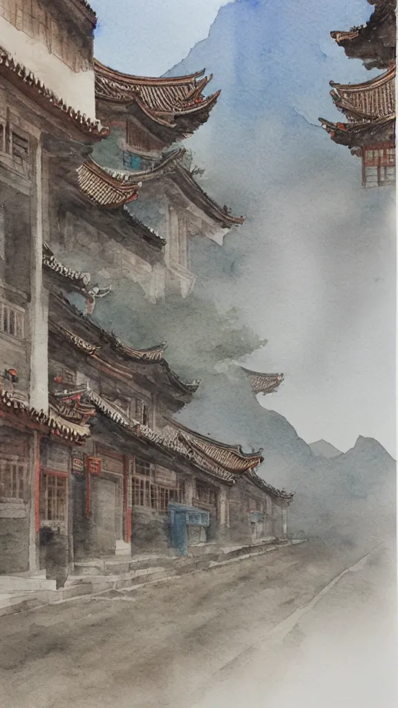 Image similar to Realistic watercolor painting of a ancient Chinese commercial street landscape,entrance of ancient Chinese city wall in the distance,foggy mountains in the background