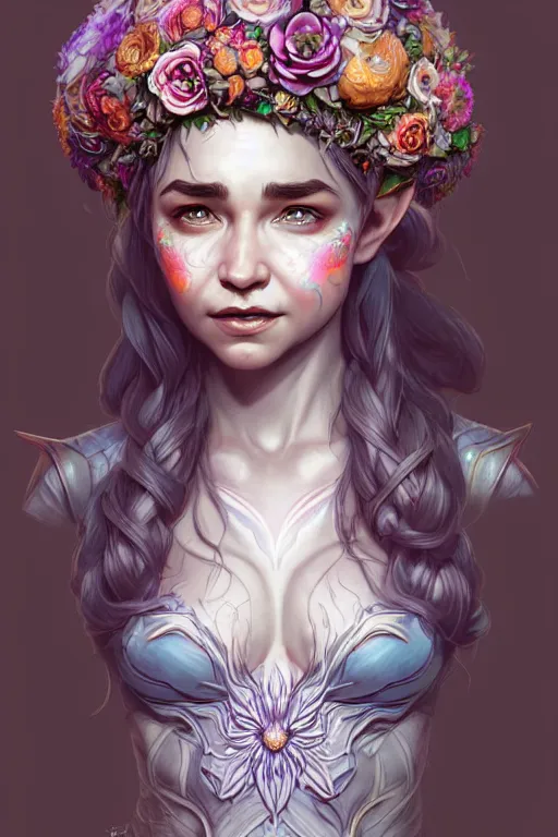 Image similar to digital art, centered full body elven bride with the face of emilia clark, vivid flower crown ,intricate, veins, by James Jean and by artgerm, by ross tran , ultradetailed, charachter design, concept art, trending on artstation,