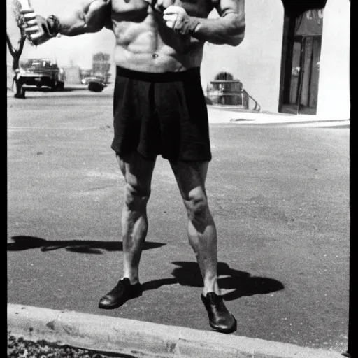 Image similar to Hitler buff physique eating a double scoop ice cream cone outside