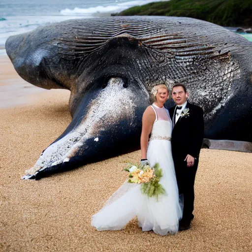 Prompt: a bride and groom pose together next to a rotting beached whale on a beach, wedding photo