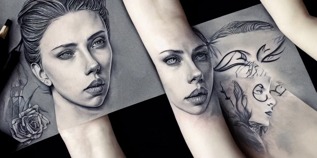 Prompt: realistic tattoo designs drawn on paper, dark, moon, visage scarlett johansson, delicate, hyper realism, tim burton, ink, ultra realistic, 8 k