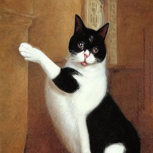 Image similar to elegant painting of a gorgeous regal black and white cat holding up one paw, in a castle, in the style of eugene de blaas