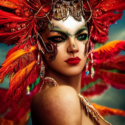 Prompt: photography of brazilian carnaval queen by istvan sandorfi & thomas eakes & xiang duan, perfect facial symmetry, dim volumetric cinematic lighting, photography, 8 k octane comprehensive render, post - processing, extremely hyper - detailed, intricate, lifelike texture, epic composition, masterpiece, stunning,