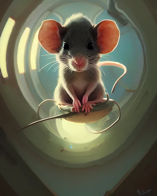 Image similar to highly detailed vfx portrait of a cute little rat, unreal engine, greg rutkowski, loish, rhads, beeple, makoto shinkai and lois van baarle, ilya kuvshinov, rossdraws, tom bagshaw, alphonse mucha, global illumination, detailed and intricate environment