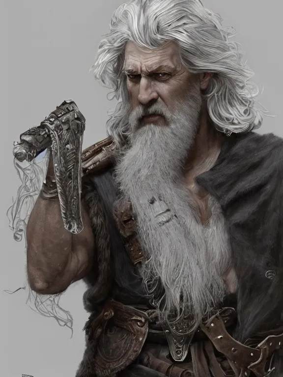 Image similar to painted portrait of rugged odin, god of war, norse god, white hair, masculine, mature, handsome, upper body, grey and silver, muscular, hairy torso, fantasy, intricate, muscular, elegant, hyper detailed, digital painting, artstation, concept art, smooth, sharp focus, illustration, art by gaston bussiere and alphonse mucha