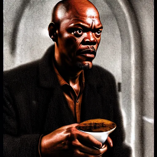 Prompt: film by tarkovsky, stalker style, pulp fiction movie, highly detailed, photorealistic, full - body, samuel l jackson posing in cafe, perfect symmetrical eyes, 8 k resolution, digital art, hyper realistic