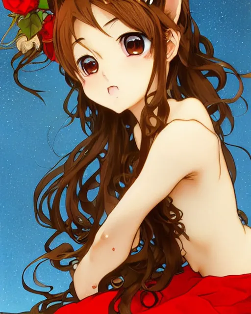 Prompt: A cute frontal fullbody painting of a beautiful anime skinny foxgirl with curly brown colored hair and fox ears on top of her head wearing a cute red dress with rose symbolic sitting on the stone looking at the viewer, elegant, delicate, soft lines, higly detailed, smooth , pixiv art, cgsociety, artgem, art by Gil Elvgren alphonse mucha, high quality, digital illustration, concept art