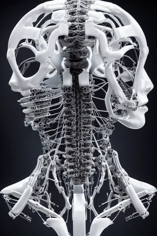 Prompt: beautiful cybernetic android craniun closeup + spinal cord cables, medical anatomy, based on elysium movie, exoskeleton hydraulic valve, rectilinear robotic muscular transmission derailleur with curvy muscular back view neck muscles in the black crystal cube, cinematic photo, by vitaly bulgarov