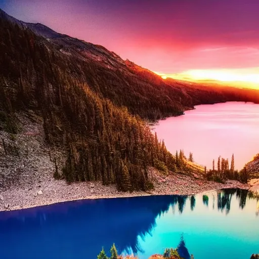 Image similar to sunset above blue lake, beautiful landscape, high detail, instagram photo, professional dslr photo,