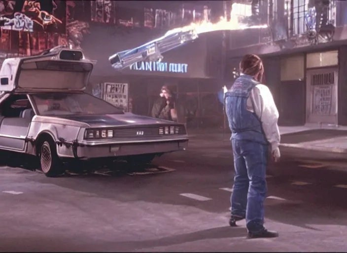 Image similar to screenshot from the iconic scene from the lost Back to the Future film directed by Martin Scorsese, cinematic lighting, unsettling set design with extreme detail, moody cinematography, with anamorphic lenses, crisp, detailed, 4k image