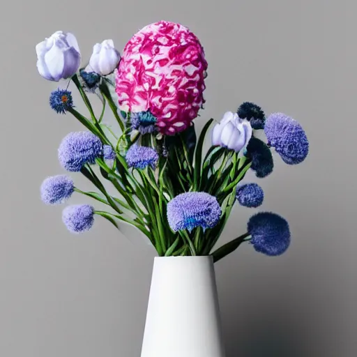 Prompt: a white ceramic vase, with colorfull tall flowers, pastel colors, pink, blue, studio photo, photorealism, symmetry.