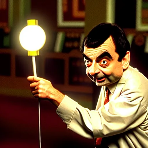 Image similar to mr. bean in tenacious d. movie still. cinematic lighting.