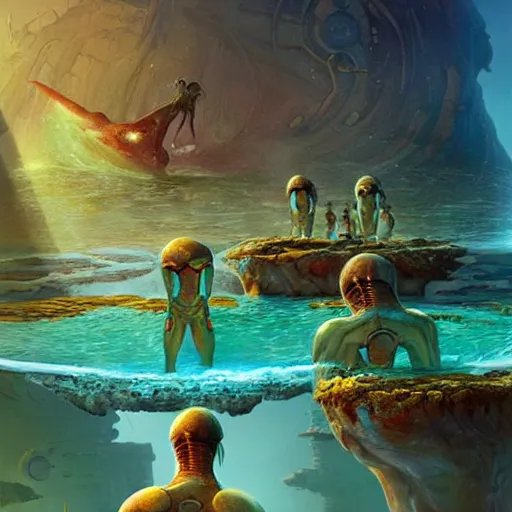 Prompt: Life in an Alien Tide Pool on an Exoplanet, art by Jim Burns and Marc Simonetti