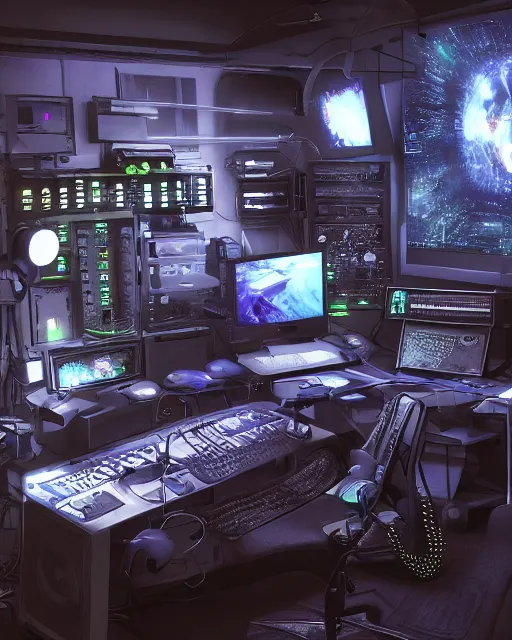 Image similar to scifi scene of a complex computer workstation in a small studio apartment room, many monitors, many electronics, very detailed, maximalism, unreal engine, hyper realism, realistic shading, cinematic composition, realistic render, octane render, detailed textures, photorealistic