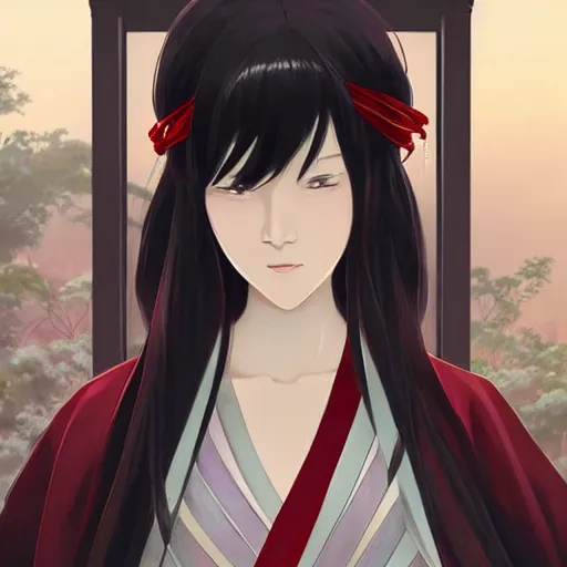 Prompt: advanced digital anime art, matte painting , elegant woman with silver and red eyes wearing a kimono , cutting long black hair with a katana, looking into the reflection of a glass window, painted by RossDraws in the style of Makoto Shinkai, very high detail —W 1920 —H 1080