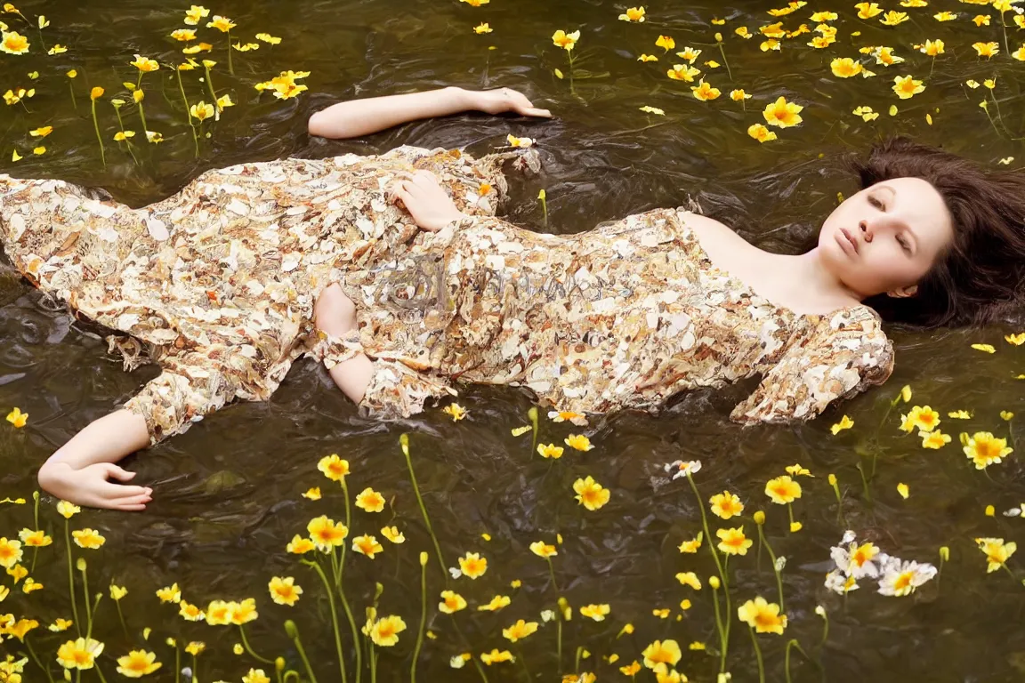 Prompt: Close up of magnificent girl lying horizontal in a dark water stream. Flowers in hand. Golden brown dress with playful details, light dark long hair. Apathetic, pale, dead but beautiful. Poppies, daisies, pansies. Most accurate and elaborate studies of nature ever made. The background Hogsmill river in Surrey, rich Forest, dark, wood, bushes. Naturalistic strong vibrant green colors. Painting by John Everett Millais.