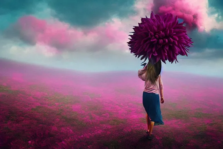 Image similar to giant dahlia flower on - head, girl walking on mountain, surreal photography, pink storm clouds, dramatic light, impressionist painting, digital painting, artstation, simon stalenhag