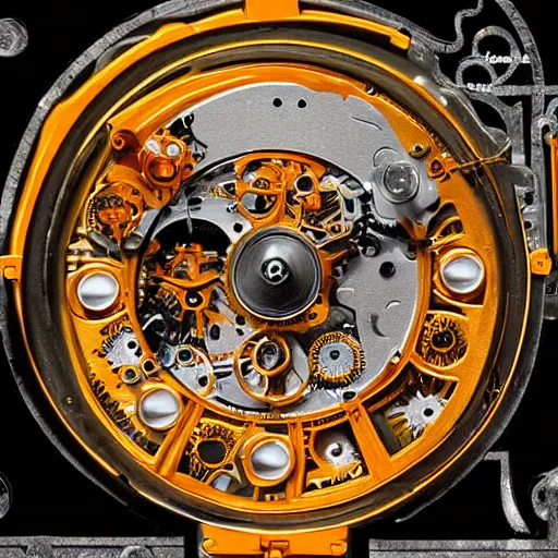 Prompt: orange with clockwork mechanisms inside of it, high definition, professional artwork, mood lighting