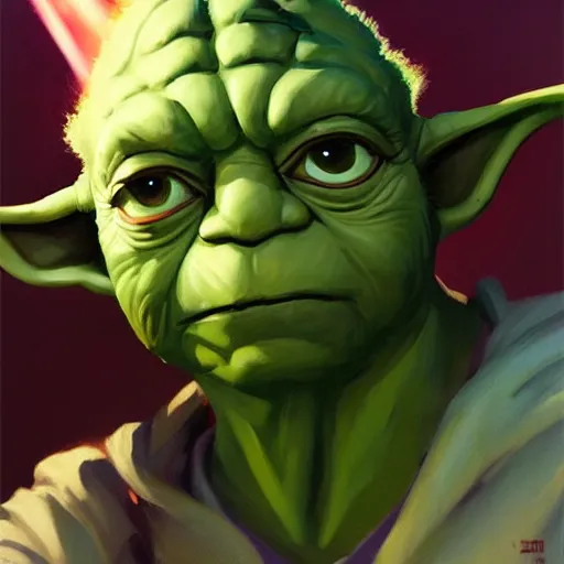 Image similar to greg manchess portrait painting of yoda as overwatch character, medium shot, asymmetrical, profile picture, organic painting, sunny day, matte painting, bold shapes, hard edges, street art, trending on artstation, by huang guangjian and gil elvgren and sachin teng