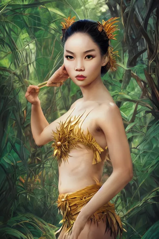 Image similar to stunningly beautiful, filipina geisha prima ballerina in jungle, symmetrical face, golden hour, smooth, focus, highly detailed, hyper realistic, dramatic lighting, elegant, intricate, concept art, art by wlop, mars ravelo, greg rutowski, artstation