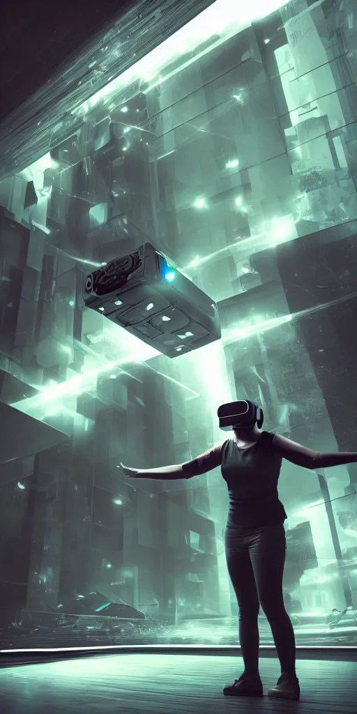 Prompt: a person trapped in virtual reality, futuristic, cyberpunk, 3 d rendered, 3 d rendering, dramatic lighting