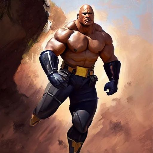 Image similar to greg manchess portrait painting of fierce partially armored foundation aka dwayne the rock johnson from fortnite as overwatch character, medium shot, asymmetrical, profile picture, organic painting, sunny day, matte painting, bold shapes, hard edges, street art, trending on artstation, by huang guangjian, gil elvgren, ruan jia, greg rutkowski, gaston bussiere