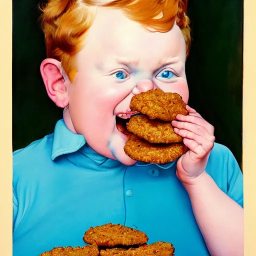 Image similar to painting of a ginger hair chubby boy eating a delicious cholocate chunks cookies, buzz cut, america, norman rockwell