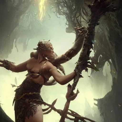 Image similar to scary godlike fairy killing a frog , muscular , upper body , epic , traditional makeup , gorgeous features , Post-processing , low angle , Greg rutkowski legendary matte painting , masterpiece