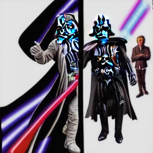 Image similar to psychedelic tom baker fights psychedelic darth vader, photorealistic