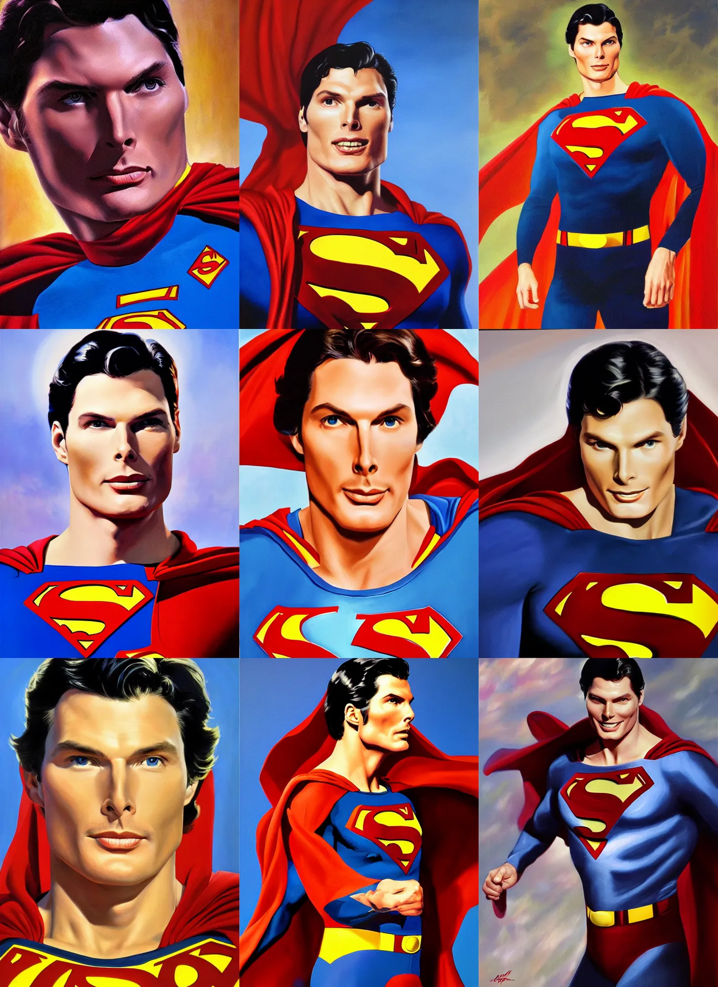Prompt: dynamic macro head portrait of beautiful christopher reeve wearing superman costume, painting by alex ross, oil painting photo real