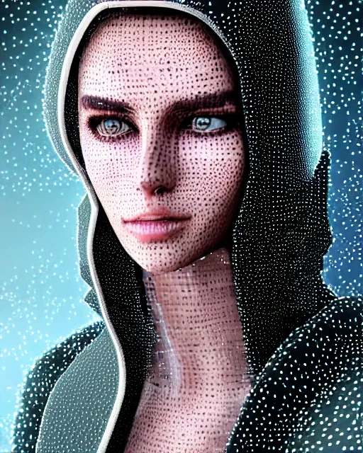 Image similar to detailed portrait European Pretty Modern Girl Dithering ditherpunk dither-punk Rain, Reflective jacket coat, Futuristic sci-fi fashion, royal attire 16 color 256 color Secret of Monkey Island Bayer dithering Floyd-Steinberg Jarvis-Judice-Ninke Atkinson Riemersma Perfect face, fine details, realistic shaded, fine-face, pretty face