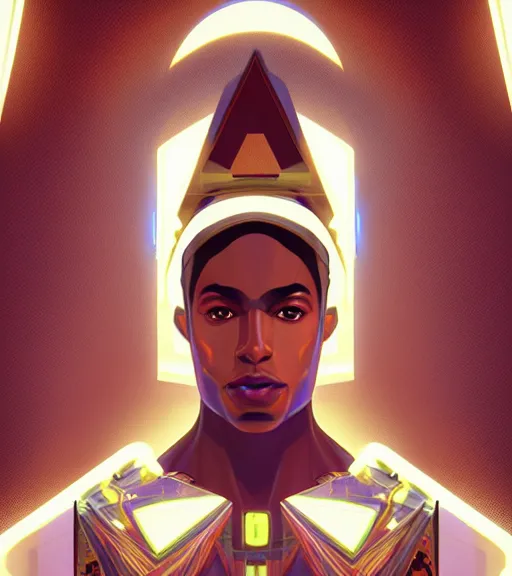 Image similar to symmetry!! egyptian prince of technology, solid cube of light, hard edges, product render retro - futuristic poster scifi, lasers and neon circuits, brown skin man egyptian prince, intricate, elegant, highly detailed, digital painting, artstation, concept art, smooth, sharp focus, illustration, dreamlike, art by artgerm