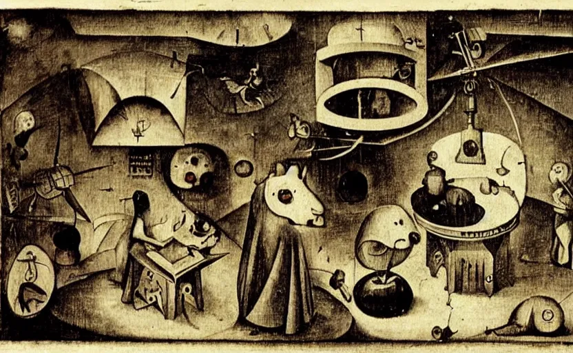Image similar to an occult machine making copies of a funny little creature by hieronymus bosch