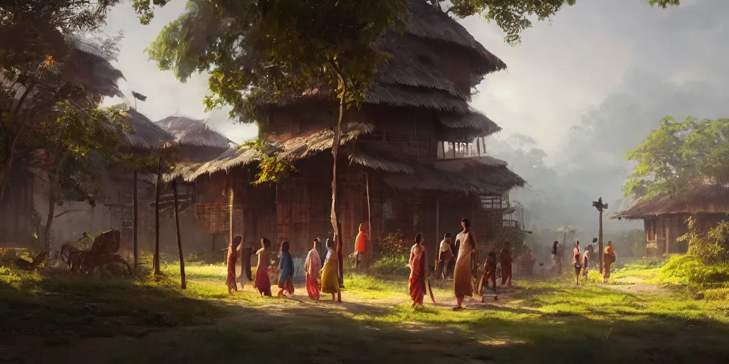 Image similar to kerala village, sharp focus, wide shot, trending on ArtStation, masterpiece, by Greg Rutkowski, by Ross Tran, by Fenghua Zhong, octane, soft render, oil on canvas, colorful, cinematic, environmental concept art