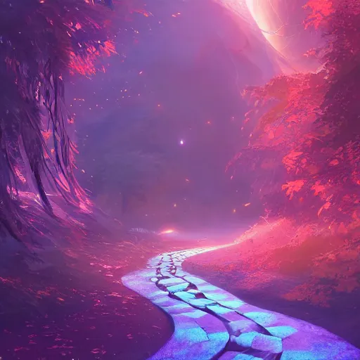 Image similar to twisted pathways, magical cosmic path in the middle of a universe, anime inspired, hyper realistic, dramatic lighting, glowing leaves, 8k, hd, pixiv ,dslr photo by Makoto Shinkai , ilya kuvshinov and Wojtek Fus, digital art, concept art