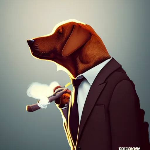 Prompt: a dog wearing a business suit smoking a cigar, dramatic lighting, cinematic, establishing shot, extremly high detail, photorealistic, cinematic lighting, concept art, artstation, style by greg rutkowsky