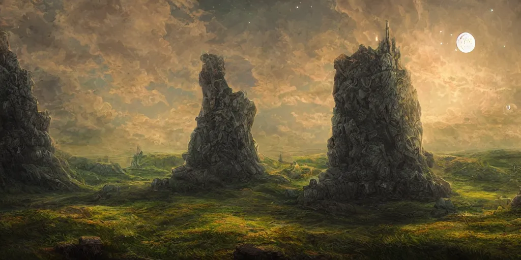 Image similar to The great intricate marble wizards tower, painted landscape, green fields in the background, moody lighting, moon in the night sky, sharp image, 4k, artstation, colorful digital art