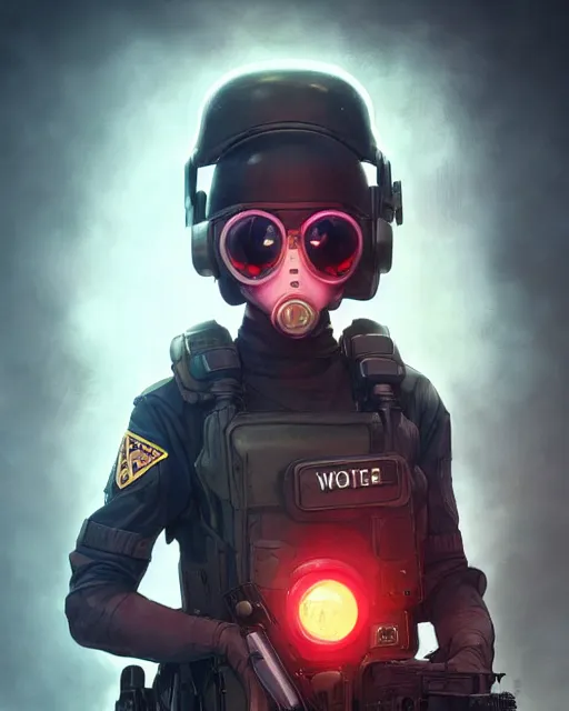 Prompt: anime key visual of a young female swat officer, neon, gas mask, cyberpunk, futuristic, stunning, highly detailed, digital painting, artstation, smooth, soft focus, illustration, art by artgerm and greg rutkowski and alphonse mucha