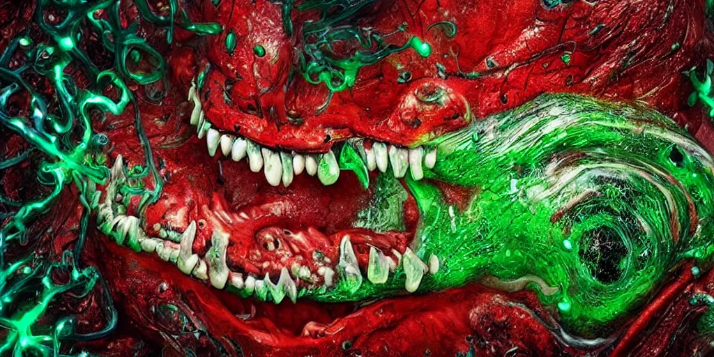 Image similar to a large slimy monster a with very long slimy tongue, dripping saliva, macro photo, fangs, red glowing skin, green skin with scales, cinematic colors, tiny glowbugs everywhere, standing in shallow water, insanely detailed, dramatic lighting