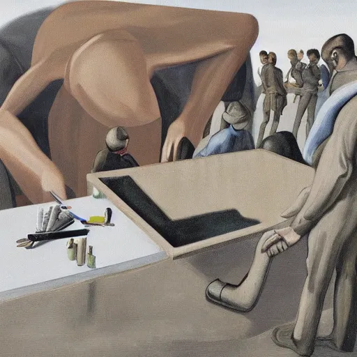 Prompt: software bug fixing, painting by neo rauch