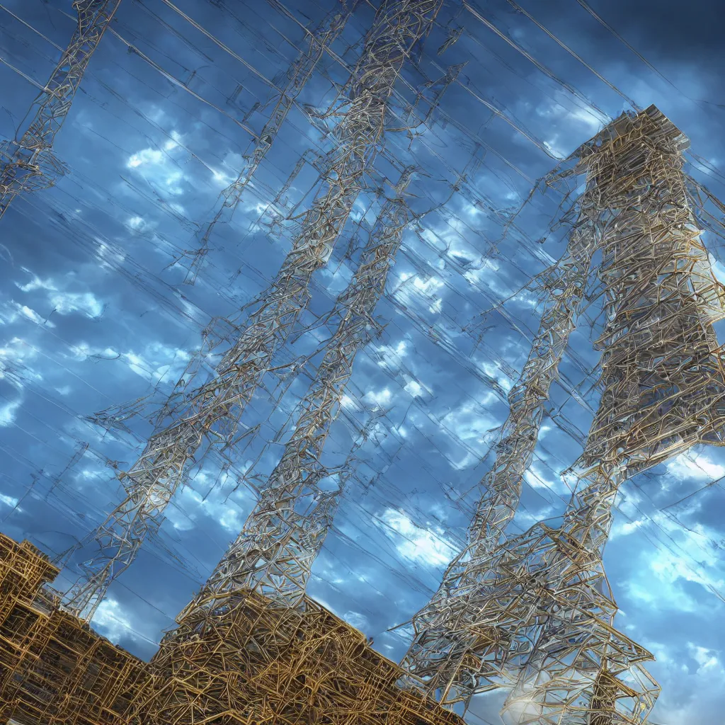 Prompt: low angle shot a massive, complex electrical power station made of shiny metal, transformers, powerlines, insulators, volumetric lights, blue sky with clouds, late afternoon, mountains surround, sparks firing, wires glowing, 8 k, ultra realistic, photorealistic, maxwell render, arnold render, golden ratio