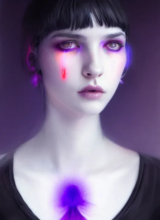 Image similar to portrait of teenage girl with white bangs, red irises, bangs, black and white hair, purple clothes, white bangs, two color hair, black hair and white bangs, intricate, elegant, glowing lights, highly detailed, digital painting, artstation, concept art, smooth, sharp focus, illustration, art by wlop, mars ravelo and greg rutkowski