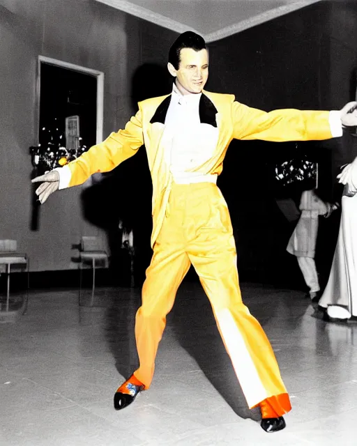 Image similar to leonard nimitz as orange suited tony manero in saturday night fever dancing at a disco with a glowing illuminated multicolored square tile floor