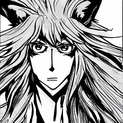 Prompt: close up of a male anthropomorphic fox furry with long hair, in the style of JoJo’s Bizarre Adventure, key manga ink line art