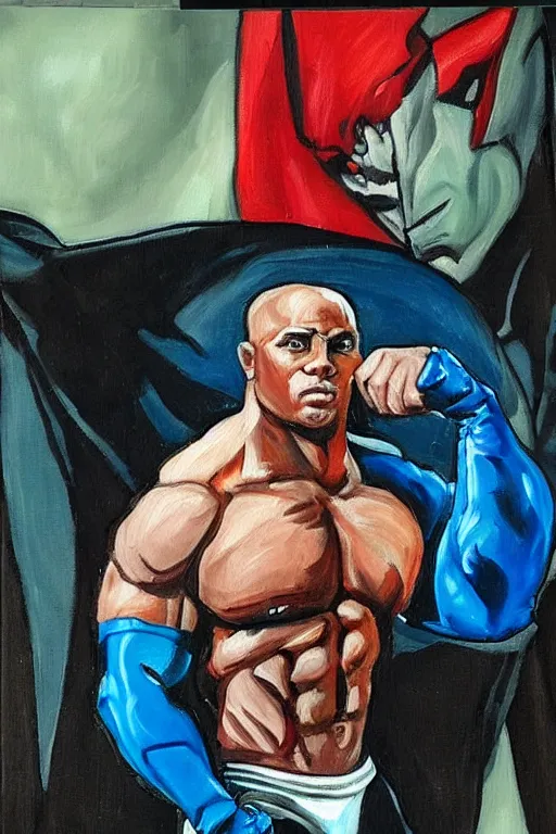 Prompt: A portrait painting of a masculine bodybuilder in the clothing of the Batman