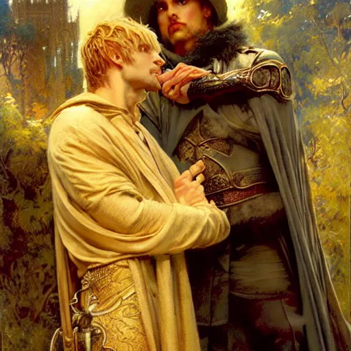 Image similar to stunning arthur pendragon in love with stunning male merlin the mage. they are close to each other. highly detailed painting by gaston bussiere, craig mullins, j. c. leyendecker